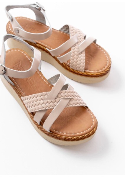 730-138 Bej Örgü Hakiki Deri Ortopedik Taban Kadın Sandalet fırsatları