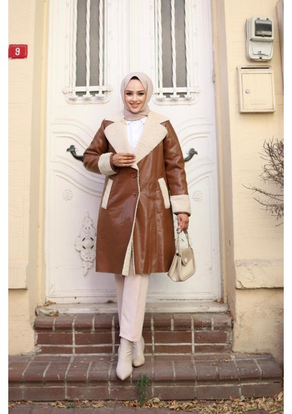 Kadın Kürklü Panzot Deri Kaban