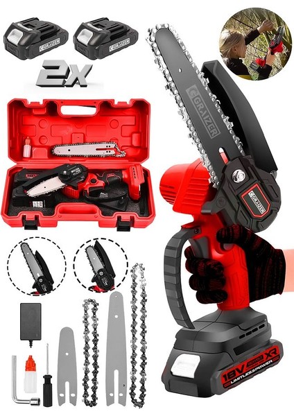 Powerforge Profesyonel Metal Dişli 18V 1.5AH Şarjlı Dal Budama Testeresi-Kırmızı