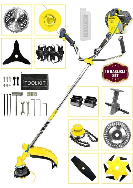 Powerforge 11 Başlıklı Set Yan Tipi Benzinli Motorlu Ot Çalı Tırpanı Çim Biçme Makinesi Tırpan-Sarı