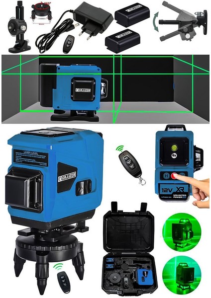 Powerforge 360° 12 Köşe Otomatik Hizalamalı Yeşil Çizgili Su Terazili Lazer Metre Hizalama-Mavi