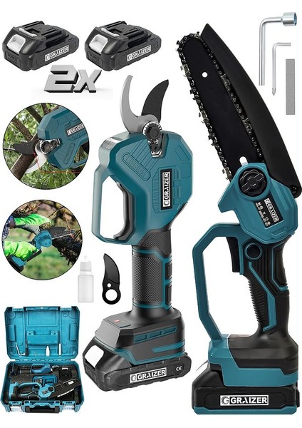 Powerforge Profesyonel 2'li Set 18V Çift Akülü Bağ Makası ve Budama Testeresi Makinesi-Mavi