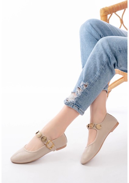 İNF-6363 Bej Baret Tokalı Günlük Bayan Ayakkabı