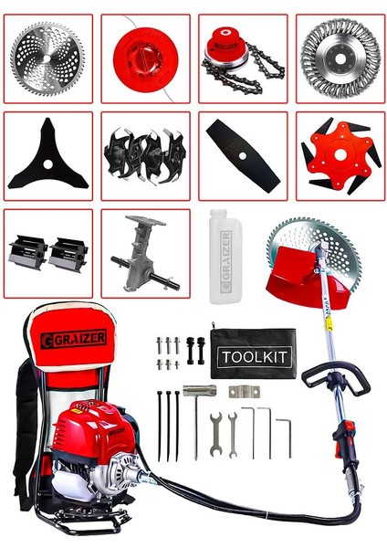 Powerforge 11 Başlıklı Set Sırt Tipi Benzinli Motorlu Ot Çalı Tırpanı Çim Biçme Makinesi Tırpan-Krmz