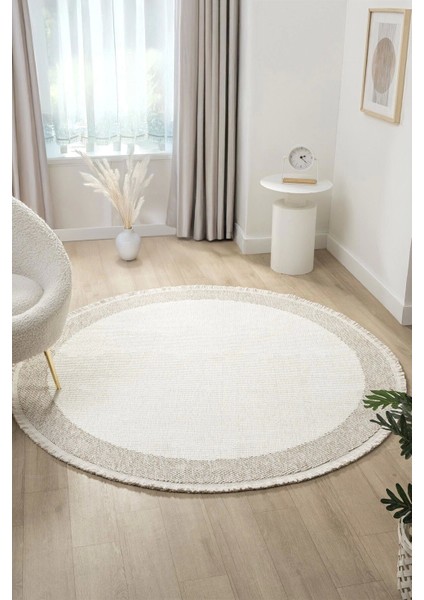 Beyaz Bej Yumuşak Yuvarlak Daire Halı Salon Mutfak Koridor Yolluk Dokuma Makine Halısı 0021 Daire