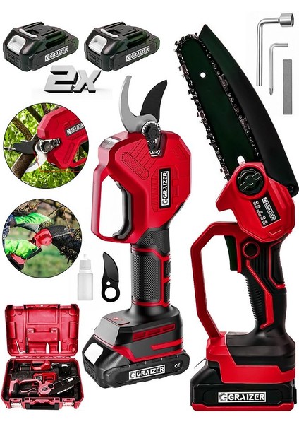 Powerforge Profesyonel 2'li Set 18V Çift Akülü Bağ Makası ve Budama Testeresi Makinesi-Kırmızı