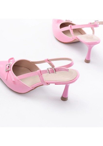 İNF-2300 Pembe Rugan Günlük Arkası Açık Fiyonklu Topuklu Bayan Ayakkabı indirimleri