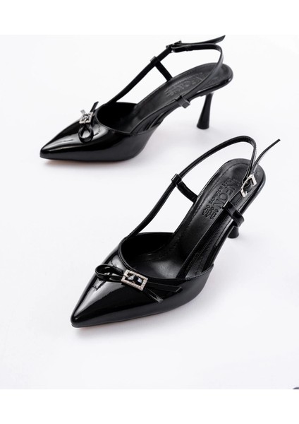 İNF-2300 Siyah Rugan Günlük Arkası Açık Fiyonklu Topuklu Bayan Ayakkabı modelleri