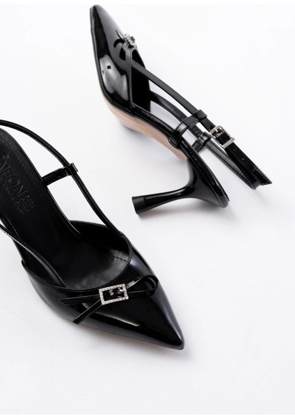 İNF-2300 Siyah Rugan Günlük Arkası Açık Fiyonklu Topuklu Bayan Ayakkabı fırsatları