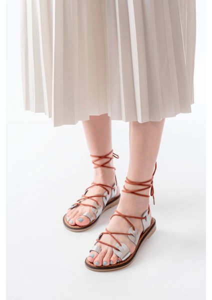 205-01 Gümüş Bilekten Bağlamalı Ortopedik Hakiki Deri Kadın Sandalet modelleri