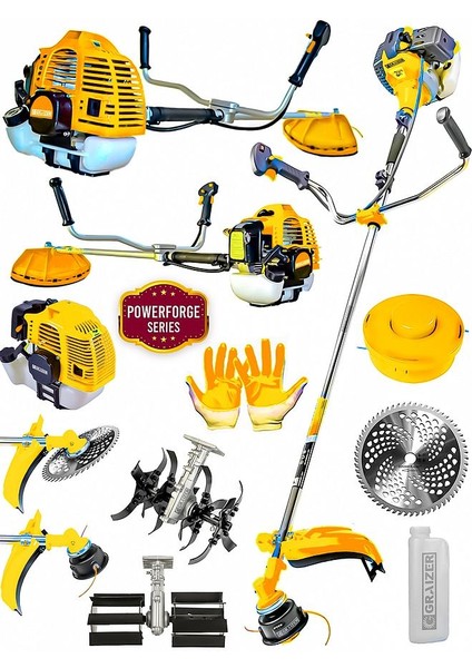 Powerforge 52 cc 11000 Rpm Yan Tipi Benzinli Ot Çalı Çim Biçme Tırpanı Akrobat-Palet Çapa-Sarı fiyatları
