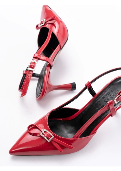 İNF-2300 Kırmızı Rugan Günlük Arkası Açık Fiyonklu Topuklu Bayan Ayakkabı indirimleri