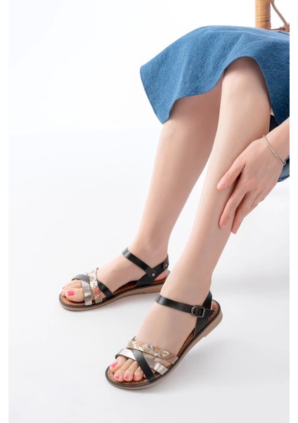 205-015 Siyah Garni Ortopedik Hakiki Deri Kadın Sandalet