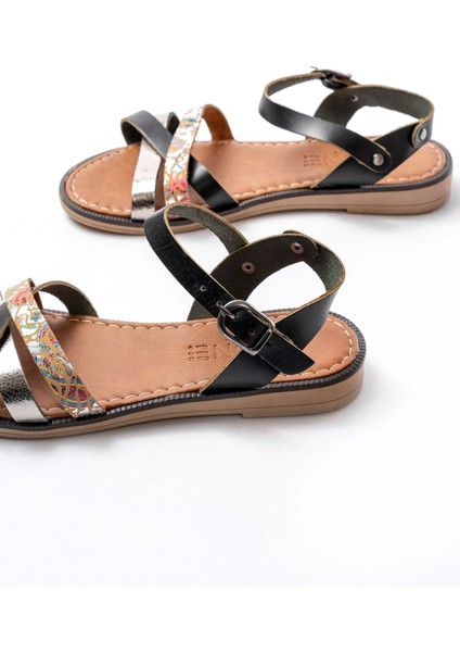 205-015 Siyah Garni Ortopedik Hakiki Deri Kadın Sandalet indirimleri