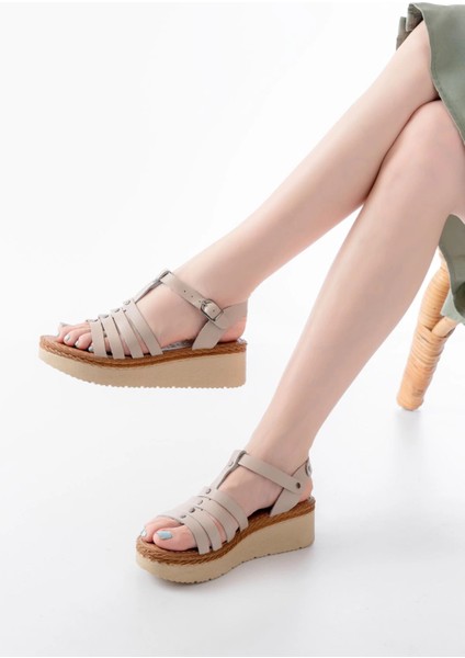 730-142 Bej Hakiki Deri Ortopedik Taban Kadın Sandalet