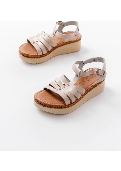 730-142 Bej Hakiki Deri Ortopedik Taban Kadın Sandalet modelleri