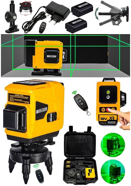 Powerforge 360° 12 Köşe Otomatik Hizalamalı Yeşil Çizgili Su Terazili Lazer Metre Hizalama-Sarı