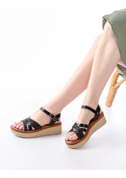 730-138 Siyah Örgü Hakiki Deri Ortopedik Taban Kadın Sandalet