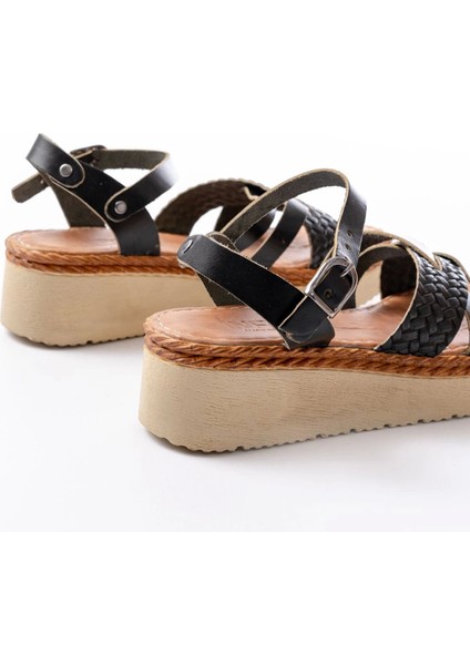 730-138 Siyah Örgü Hakiki Deri Ortopedik Taban Kadın Sandalet modelleri