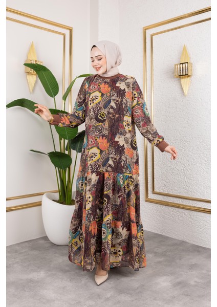 Kadın Astarlı Şifon Desenli Elbise modelleri