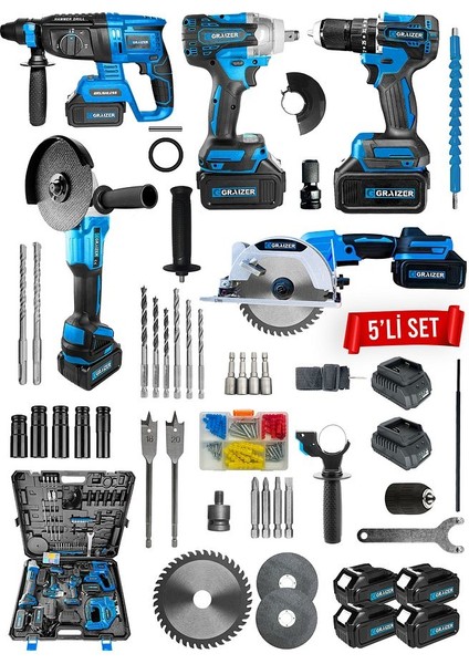 Powerforge Profesyonel Kömürsüz 4 Bataryalı Çelik Şanzıman 5'li Set Sunta Kesmeli-Mavi