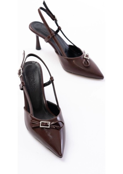 İNF-2300 Kahve Rugan Günlük Arkası Açık Fiyonklu Topuklu Bayan Ayakkabı modelleri