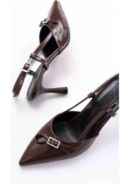 İNF-2300 Kahve Rugan Günlük Arkası Açık Fiyonklu Topuklu Bayan Ayakkabı fırsatları
