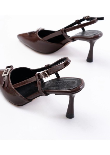 İNF-2300 Kahve Rugan Günlük Arkası Açık Fiyonklu Topuklu Bayan Ayakkabı indirimleri