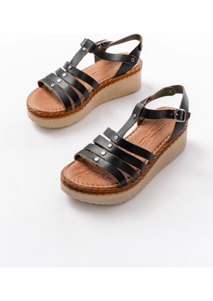 730-142 Siyah Hakiki Deri Ortopedik Taban Kadın Sandalet indirimleri