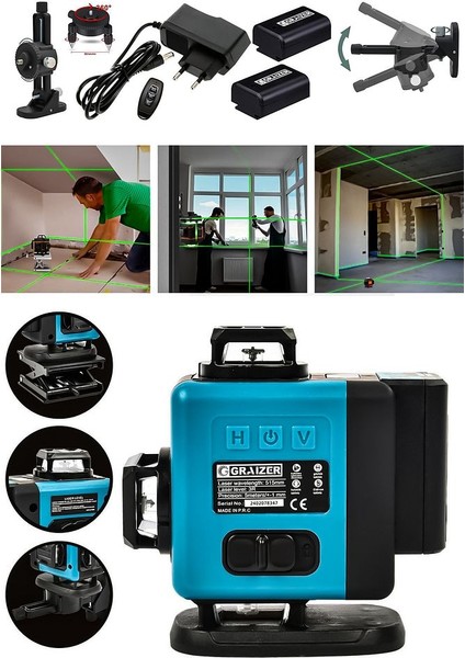 360° Lazer Hizalama 16 Köşe Otomatik Hizalama Yeşil Çizgili Lazer Metre Hizalama-Mavi