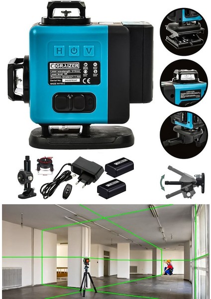360° Lazer Hizalama 16 Köşe Otomatik Hizalama Yeşil Çizgili Lazer Metre Hizalama-Mavi fiyatları