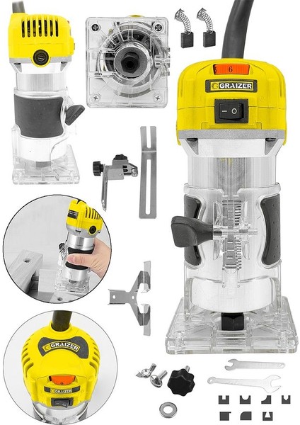 6 Kademe Devir Ayarlı Formika Traşlama Freze Makinesi 6 mm + 12 Adet Uç Hediye-Sarı