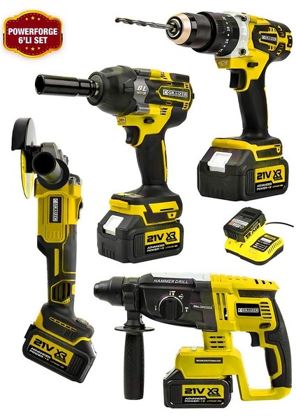 Powerforge 21V Akülü Matkap & Taşlama & Kırıcı Delici Hilti & Somun Sıkma Sökme 4'lü Set-Sarı