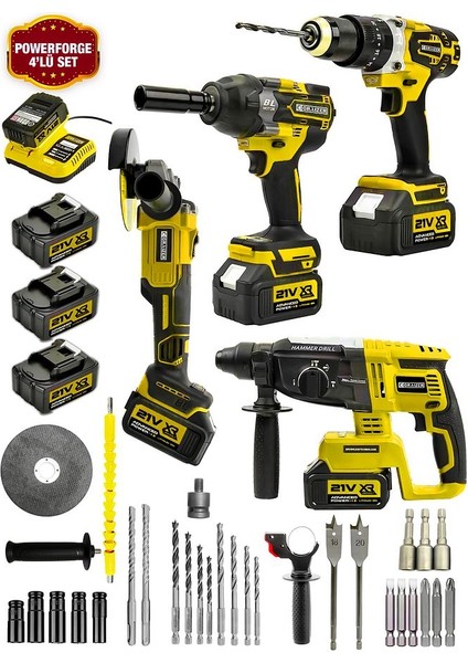 Powerforge 21V Akülü Matkap & Taşlama & Kırıcı Delici Hilti & Somun Sıkma Sökme 4'lü Set-Sarı