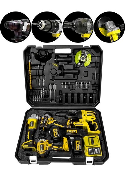 Powerforge 21V Akülü Matkap & Taşlama & Kırıcı Delici Hilti & Somun Sıkma Sökme 4'lü Set-Sarı