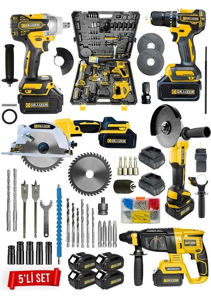 Powerforge Profesyonel Kömürsüz 4 Bataryalı Çelik Şanzıman 5'li Set Sunta Kesmeli-Sarı