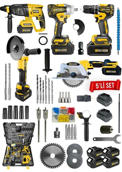 Powerforge Profesyonel Kömürsüz 4 Bataryalı Çelik Şanzıman 5'li Set Sunta Kesmeli-Sarı