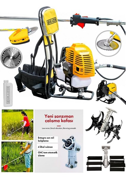 58 cc 11000 Rpm Sırt Tipi Benzinli Motor Ot Çalı Çim Biçme Tırpan Akrobat-Palet Çapa-Sarı