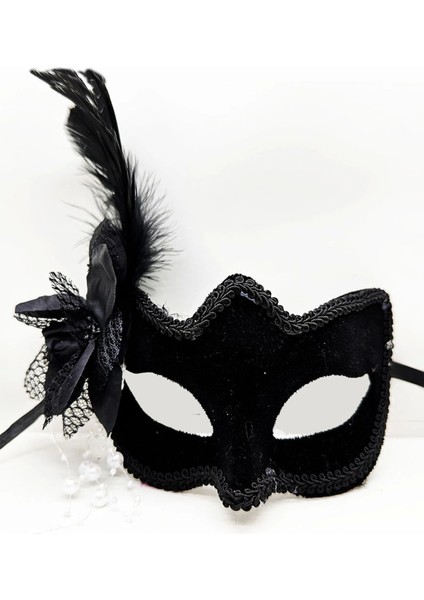 Siyah Süet Yandan Tüylü Incili Parti Maskesi