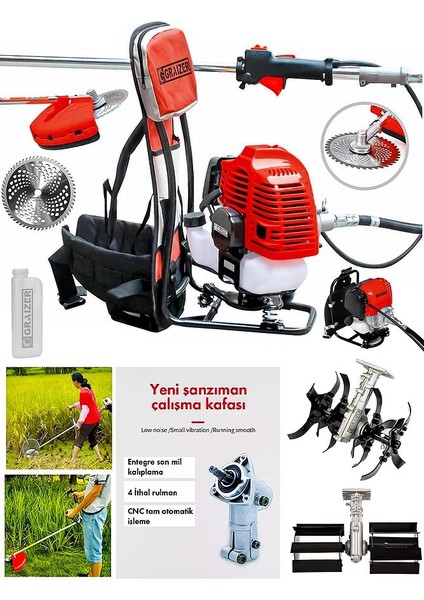 58 cc 11000 Rpm Sırt Tipi Benzinli Motor Ot Çalı Çim Biçme Tırpan Akrobat-Palet Çapa-Kırmızı