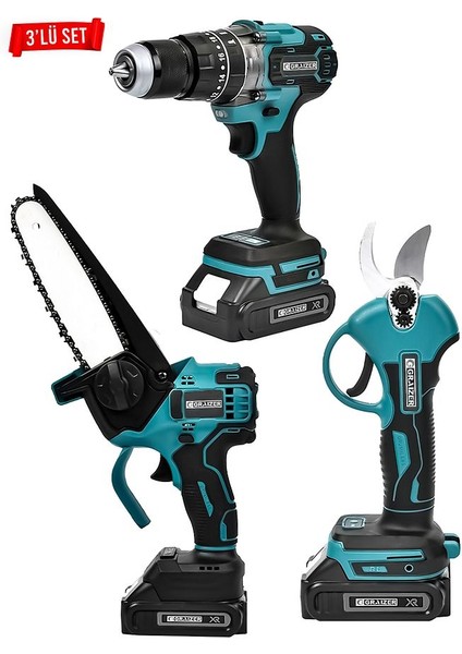 Powerforge 3'lü Set Kömürsüz Motor Şarjlı Budama Testeresi-Şarjlı Budama Makası-Şarjlı Matkap-Mavi modelleri