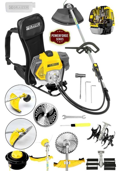 Powerforge 58 cc 11000 Rpm Sırt Tipi Benzinli Çalı Çim Biçme Tırpan Akrobat-Palet Çapa-Sarı