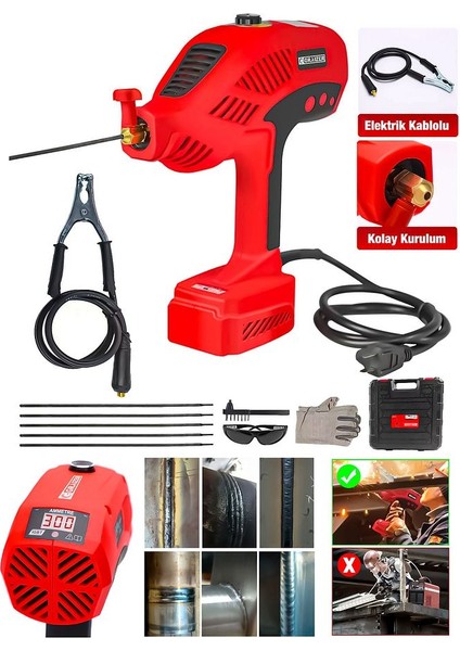 Powerforge Y-300 Amper Çift Kartli Çift Soğutma El Tipi Invertör Elektrikli Kaynak Makinesi-Kırmızı