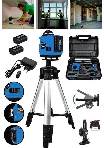 Powerforge Profesyonel 360° 16 Köşe Otomatik Hizalama Tripod'lu Lazer Metre Hizalama-Mavi