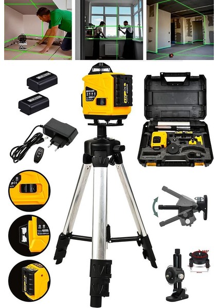 Powerforge Profesyonel 360° 16 Köşe Otomatik Hizalama Tripod'lu Lazer Metre Hizalama-Sarı