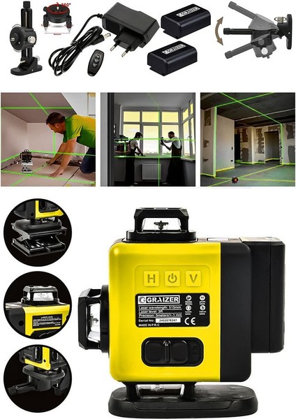 360° Lazer Hizalama 16 Köşe Otomatik Hizalama Yeşil Çizgili Lazer Metre Hizalama-Sarı