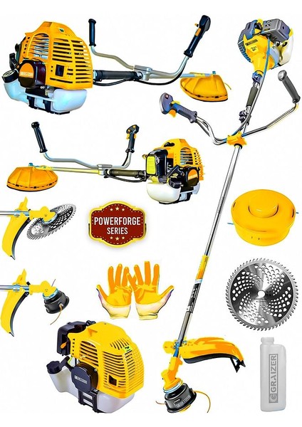 Powerforge 58 cc 11000 Rpm Yan Tipi Benzinli Ot Çalı Çim Biçme Tırpanı-Sarı