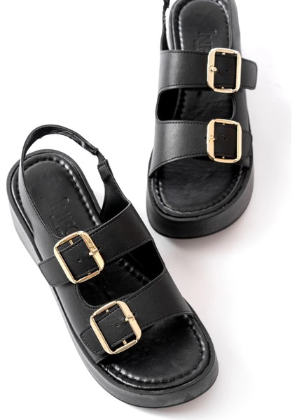 24414-572 Siyah Tokalı Günlük Dolgu Topuk Kadın Sandalet fırsatları