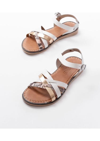 205-093 Beyaz Garni Hakiki Deri Ortopedik Taban Kadın Sandalet modelleri