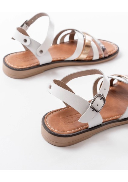 205-093 Beyaz Garni Hakiki Deri Ortopedik Taban Kadın Sandalet indirimleri